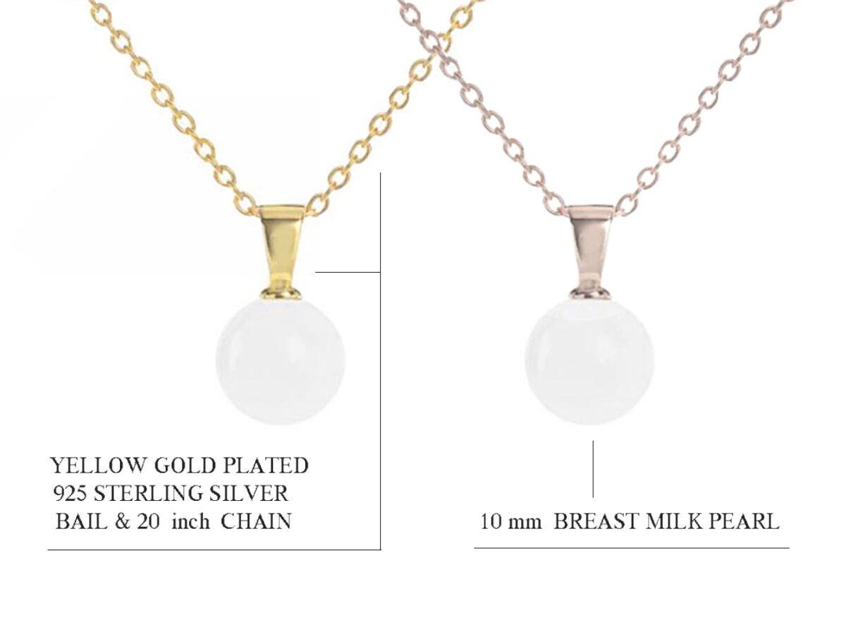 2 simple breast milk necklaces with breast milk pearl bead in silver and yellow gold settings on white background describing features diagram from keepsakemom
