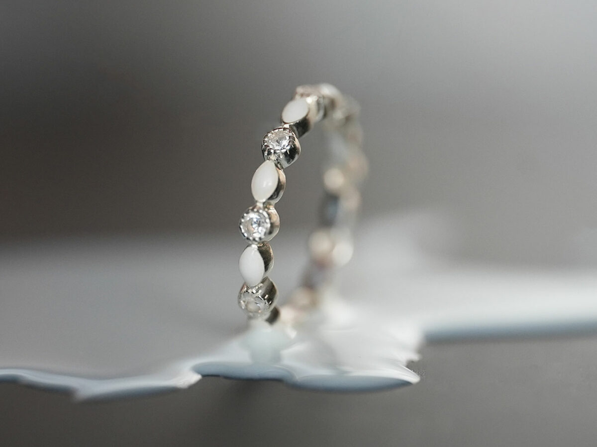 breastmilk ring infinity fine stacker band sterling silver white gold clear crystals KeepsakeMom