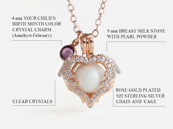 breast milk heart cage locket rose gold shaped necklace with breastmilk pearl bead inside and purple dangle charm placenta specks, opal flakes and orange dangle in rose gold on white background describing features diagram from keepsakemom