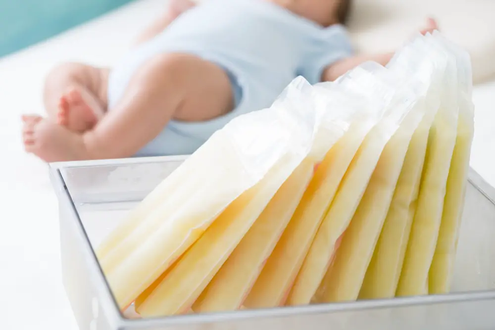 Bags of frozen breast milk in a container