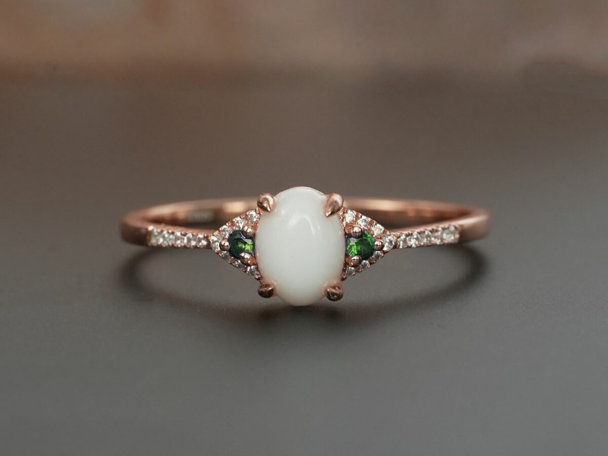 breastmilk jewelry fine ring with birth month color gems and oval breastmilk stone KeepsakeMom emerald