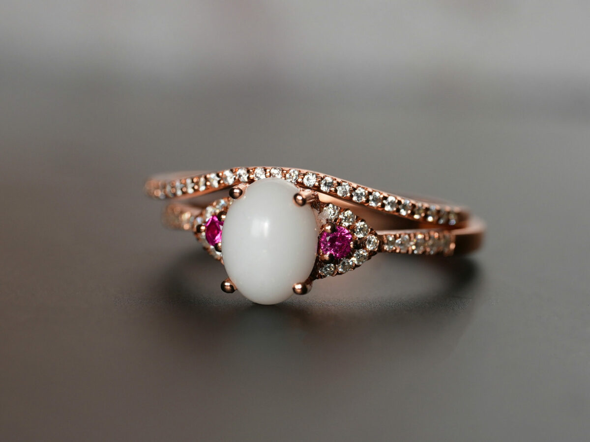 breastmilk jewelry fine ring set with birth month color gems and oval breastmilk stone KeepsakeMom rose gold red ruby