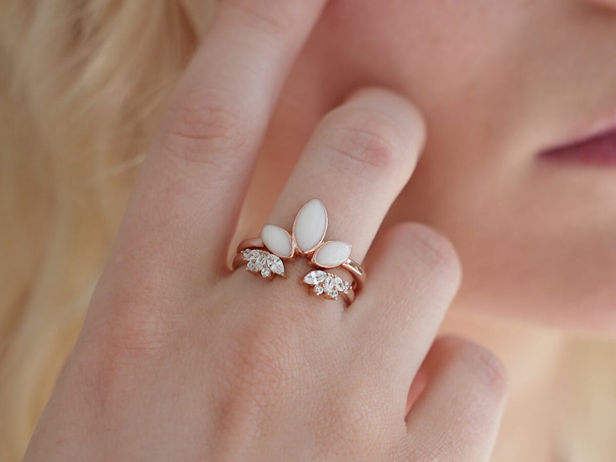 breastmilk jewelry ring leaves drops set of two rings lotus and bloom KeepsakeMom rose gold on a model hand