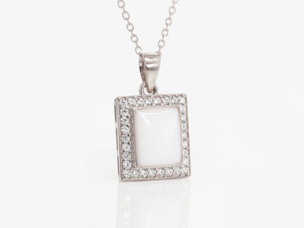 diy kit breast milk rectangular window shaped white gold necklace on white background from keepsakemom