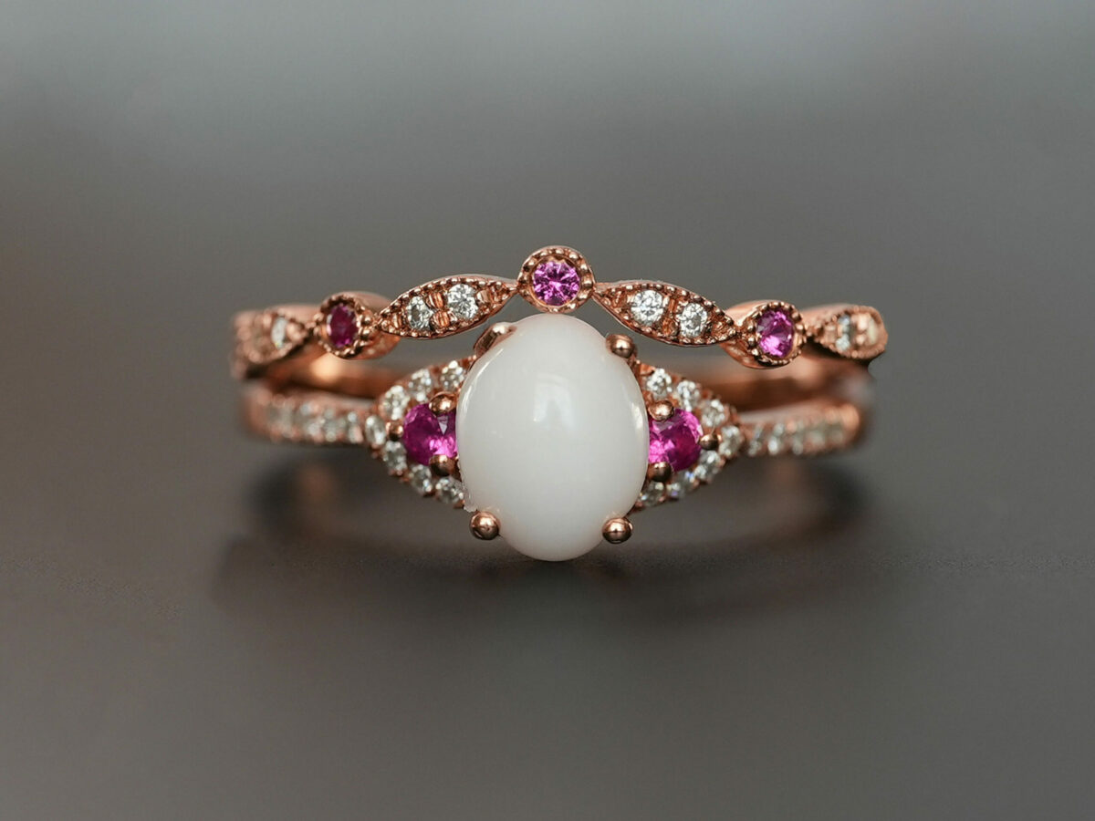 breastmilk jewelry fine ring set with birth month color gems and oval breastmilk stone KeepsakeMom rose gold red ruby