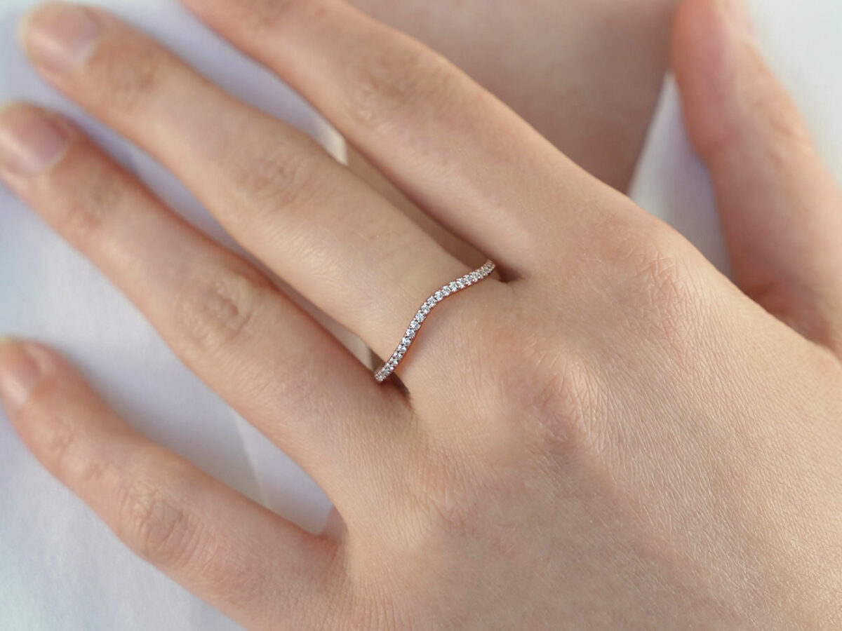 breastmilk jewelry add-on ring fine band KeepsakeMom rose gold clear crystals wave shaped model hand