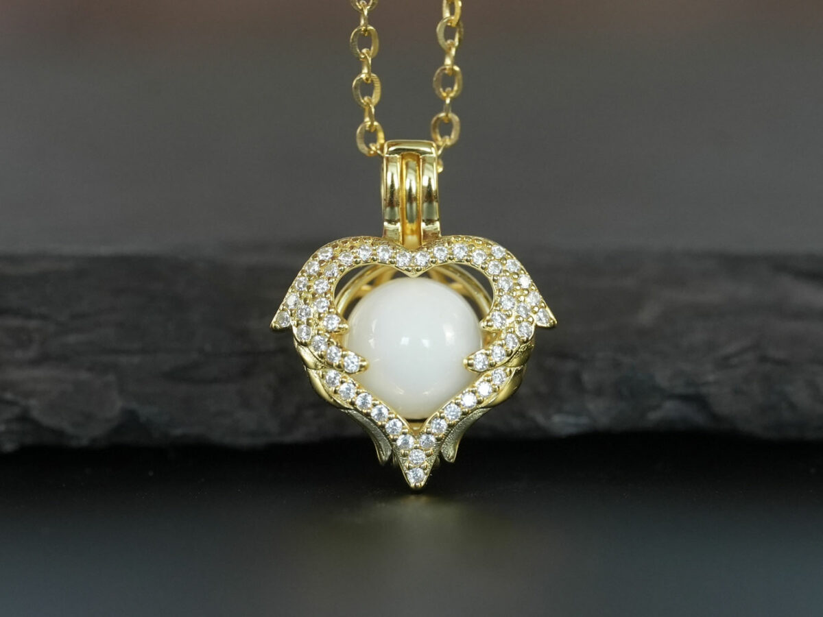 breastmilk jewelry locket necklace pendant pearl milk Keepsakemom yellow gold wings angel heart