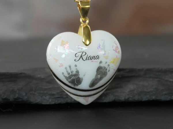 breastmilk jewelry necklace heart with baby prints hair and name KeepsakeMom