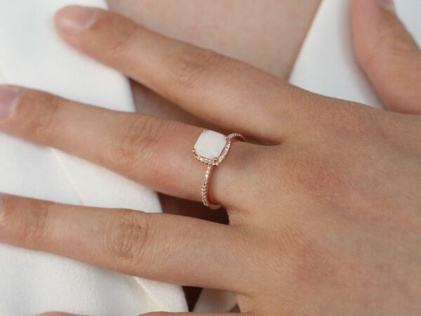 breastmilk jewelry ring square diamond breastmilk stone band crystals Keepsakemom rose gold hand