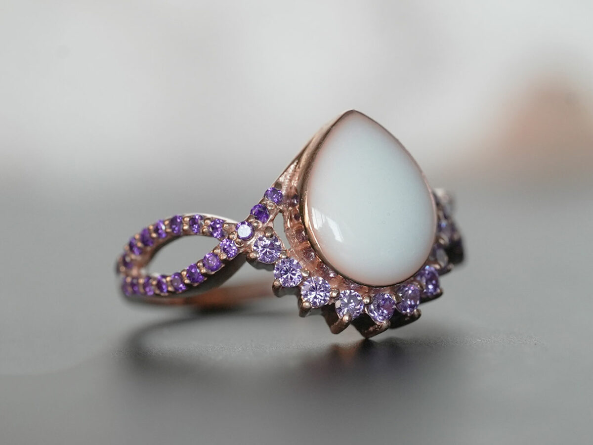 breastmilk jewelry ring crystals teardrop birth month color crystals teardrop from KeepsakeMom rose gold purple Amethyst