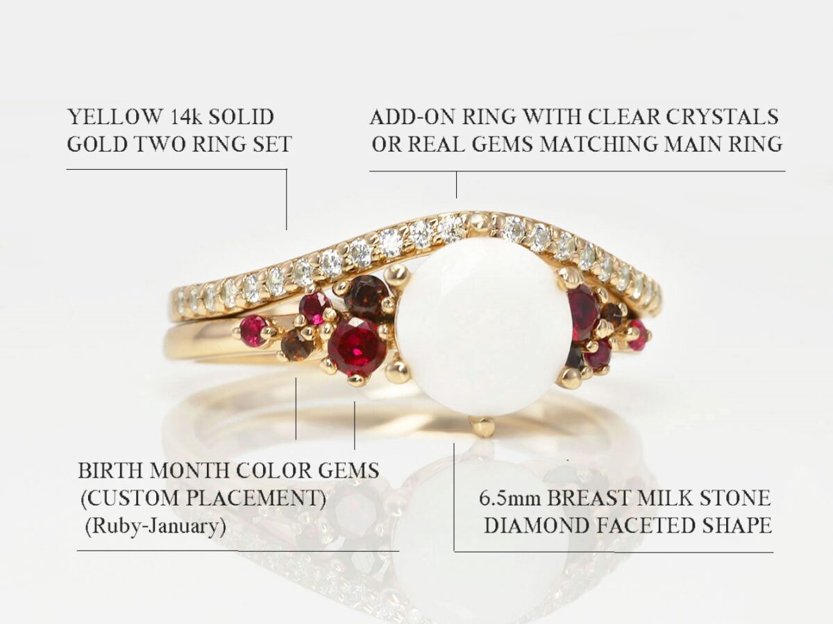 breastmilk sterling silver ring gold plated diagram describing features on white background from keepsakemom