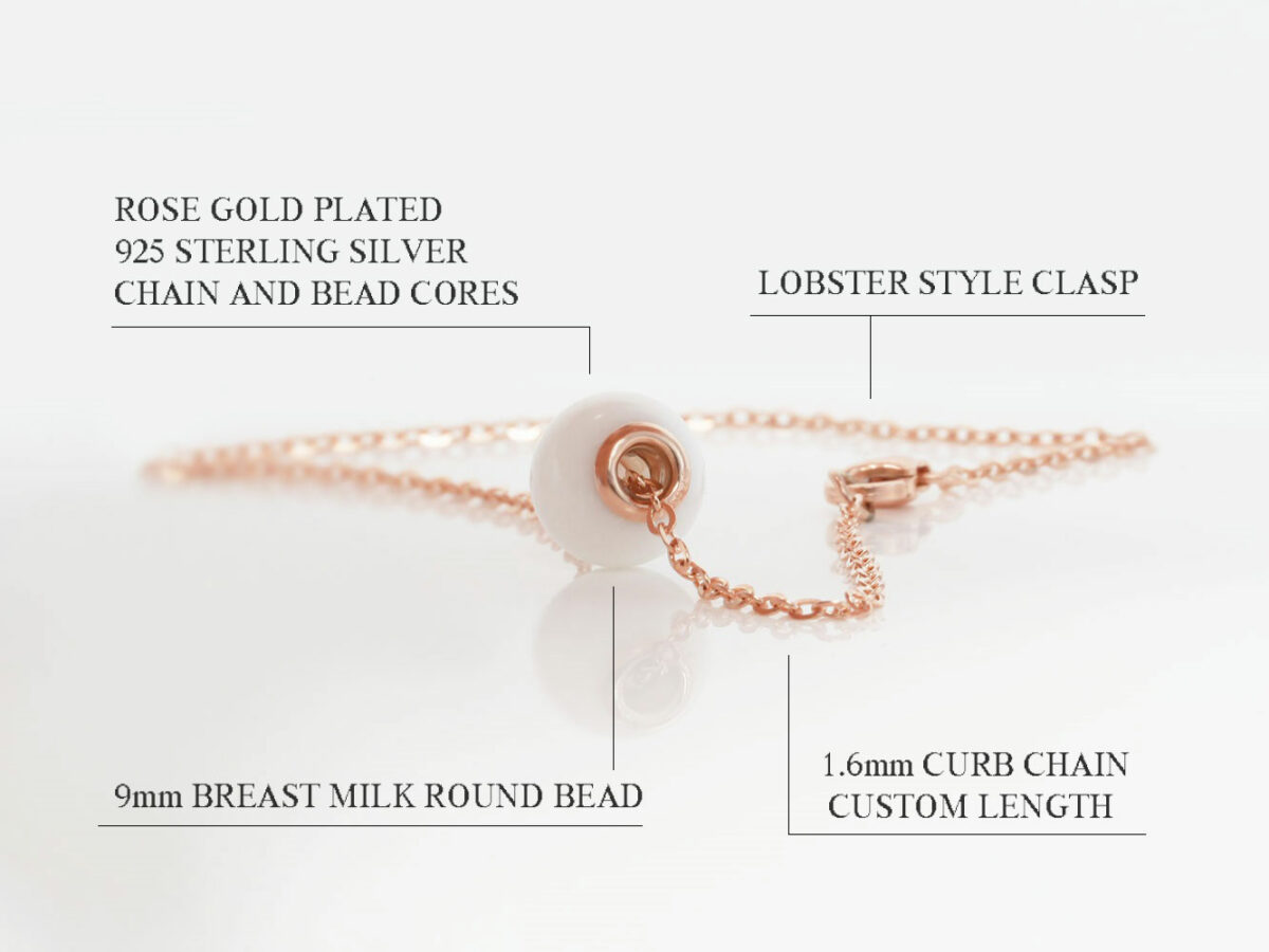 breast milk jewelry bracelet on a white background bead made with breastmilk with rose gold chain and bead cores from KeepsakeMom