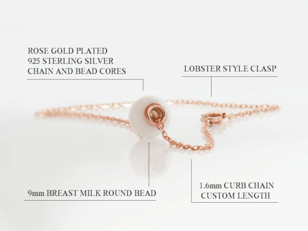 breast milk jewelry bracelet on a white background bead made with breastmilk with rose gold chain and bead cores from KeepsakeMom