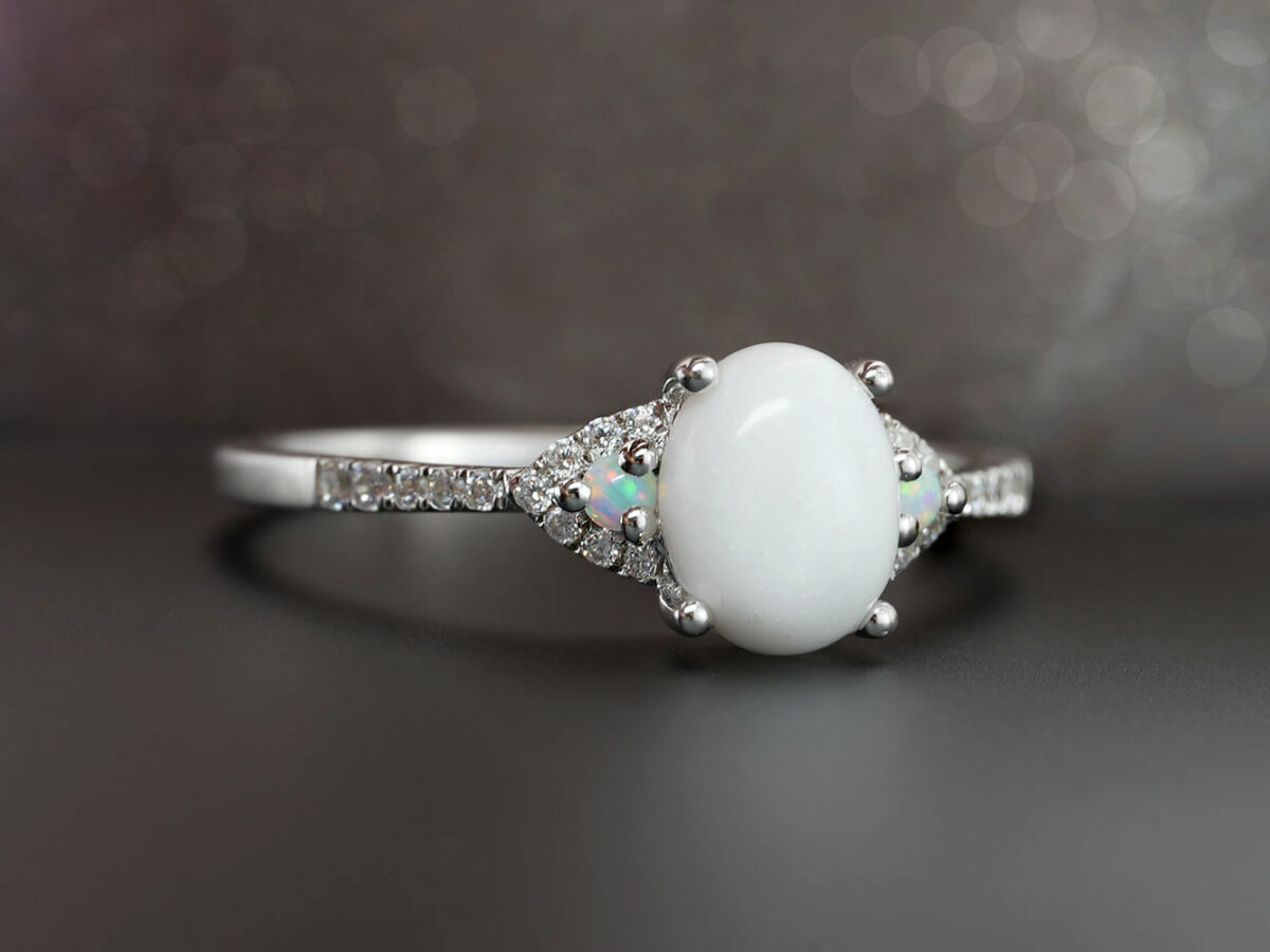breastmilk jewelry fine ring with birth month color gems and oval breastmilk stone KeepsakeMom rose gold opal crystals in white gold setting