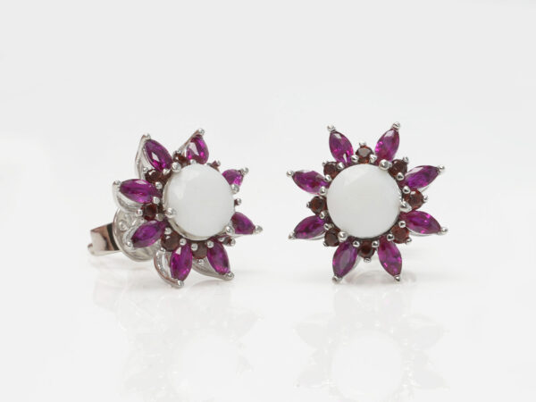 breastmilk jewelry fancy star or flower shaped studded earrings with birth month colored gems ruby as leaves from KeepsakeMom on white background