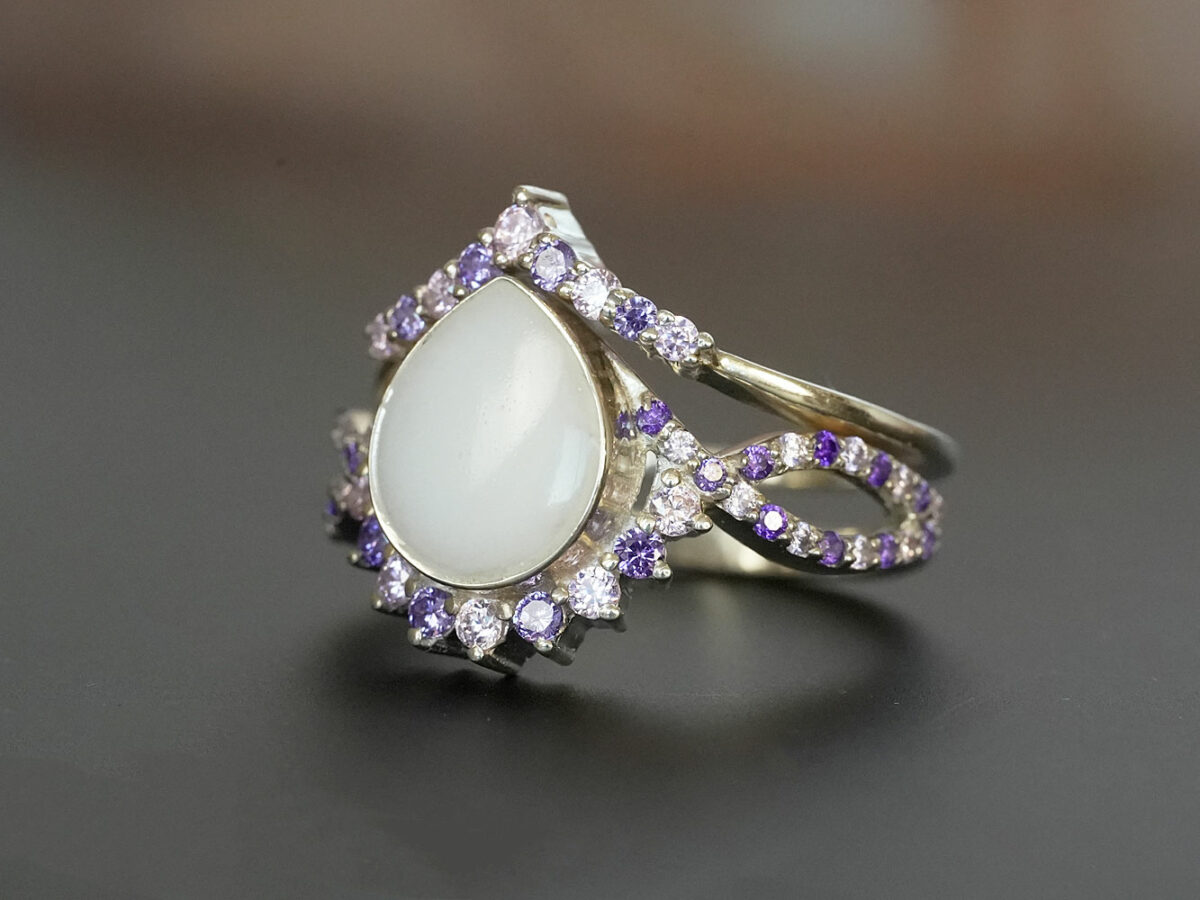 breastmilk jewelry ring crystals teardrop birth month color crystals teardrop from KeepsakeMom sterling silver white gold purple crystals