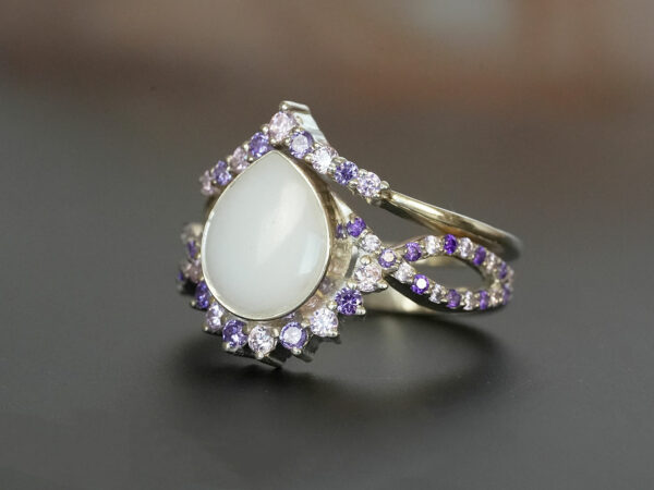 breastmilk jewelry ring crystals teardrop birth month color crystals teardrop from KeepsakeMom sterling silver white gold purple crystals