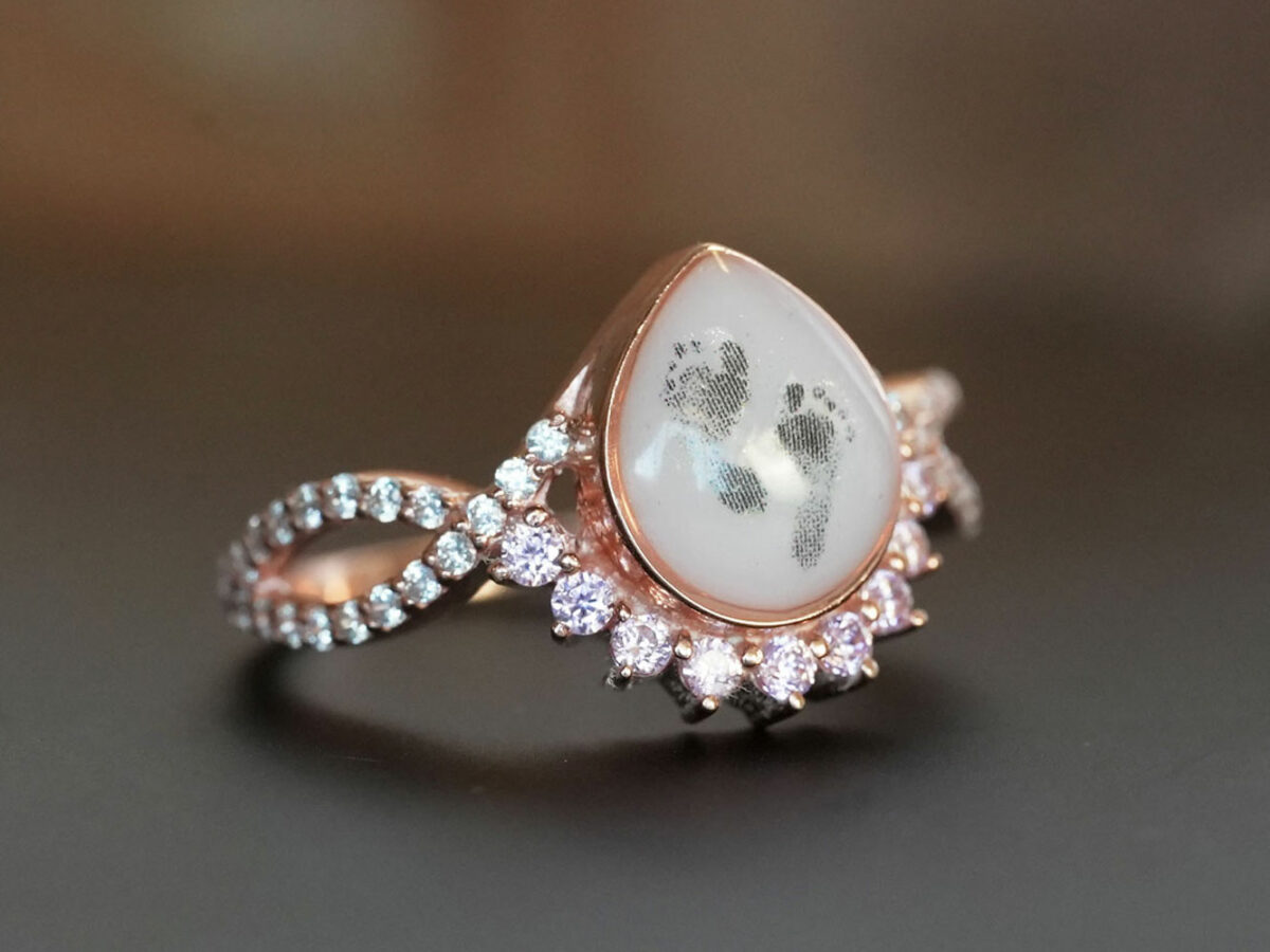 breastmilk jewelry ring crystals teardrop birth month color crystals teardrop from KeepsakeMom rose gold footprints