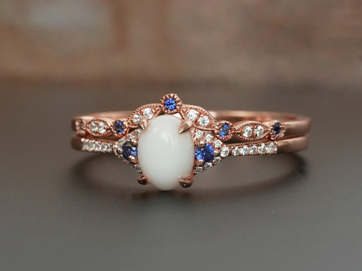 breastmilk jewelry fine ring set with birth month color gems and oval breastmilk stone KeepsakeMom rose gold blue sapphire
