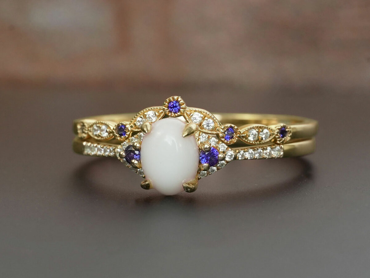 breastmilk jewelry fine ring set with birth month color gems and oval breastmilk stone KeepsakeMom gold blue sapphire