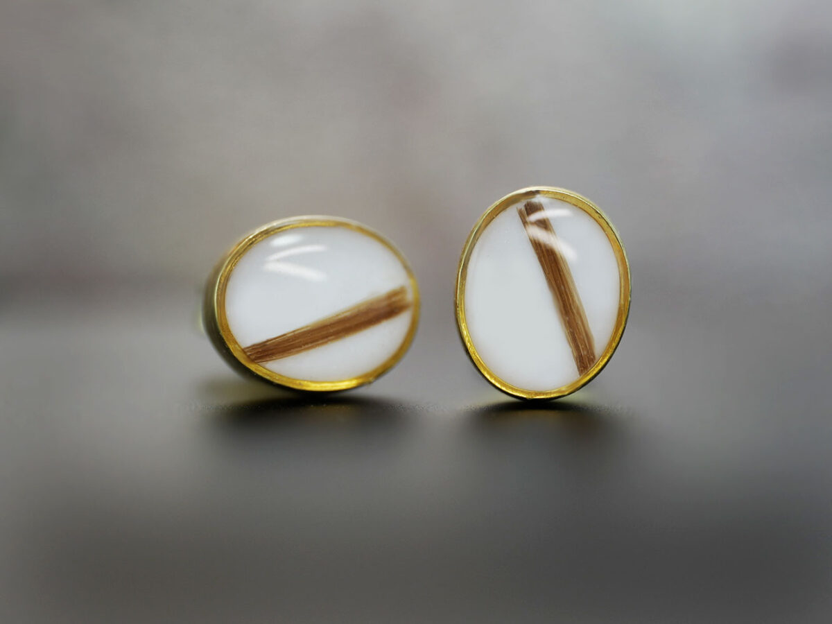 breastmilk oval studded earrings KeepsakeMom sterling silver plated yellow gold with hair inside