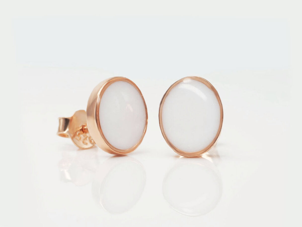 breastmilk oval studded earrings KeepsakeMom sterling silver plated rose gold on white background