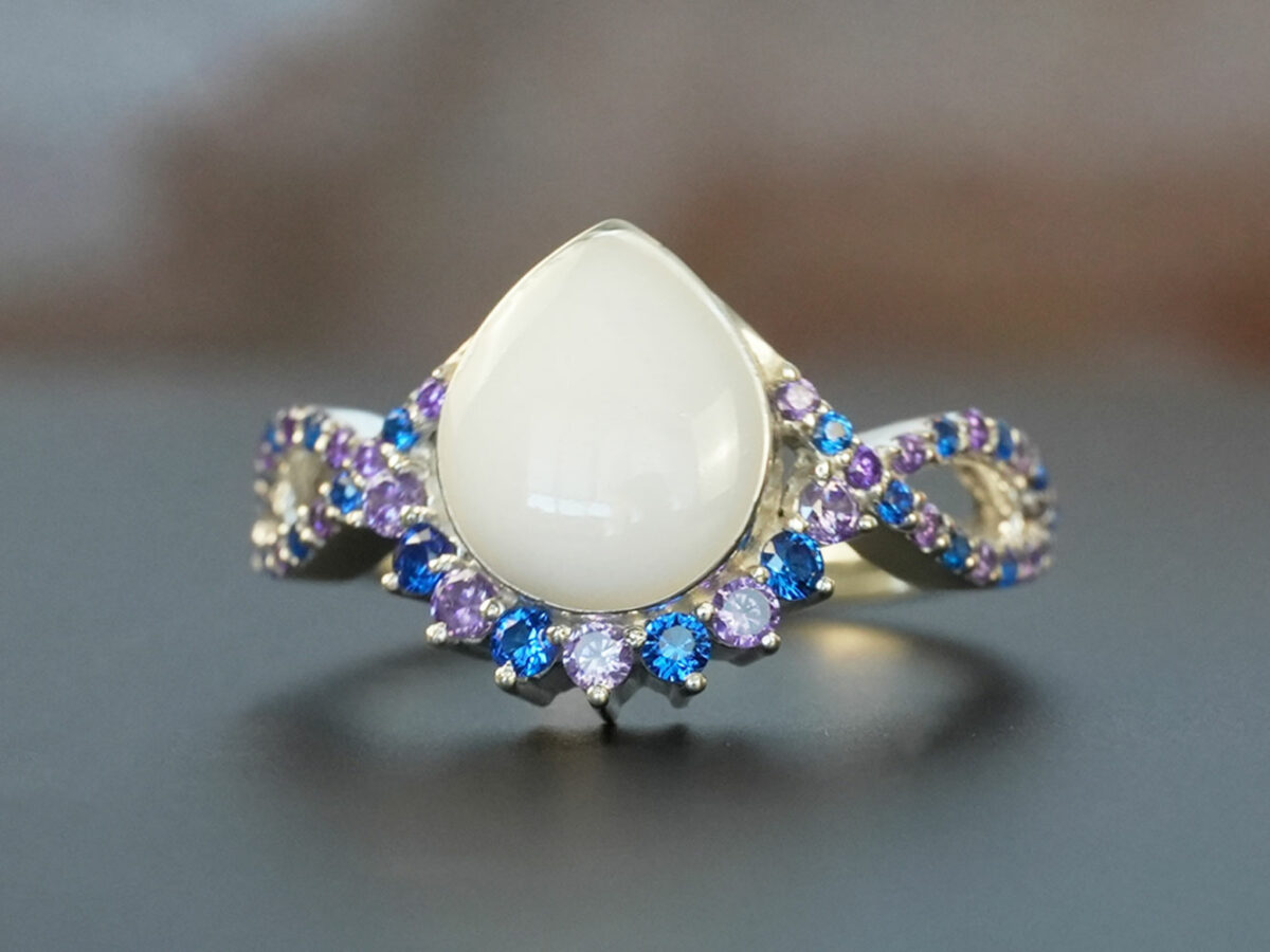 breastmilk jewelry ring crystals teardrop birth month color crystals teardrop from KeepsakeMom sterling silver white gold clear crystals blue purple