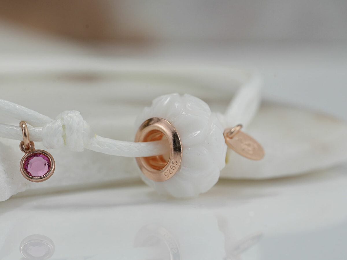 breastmilk jewelry flower bead bracelet with rosegold birth charm keepsakemom on white cord