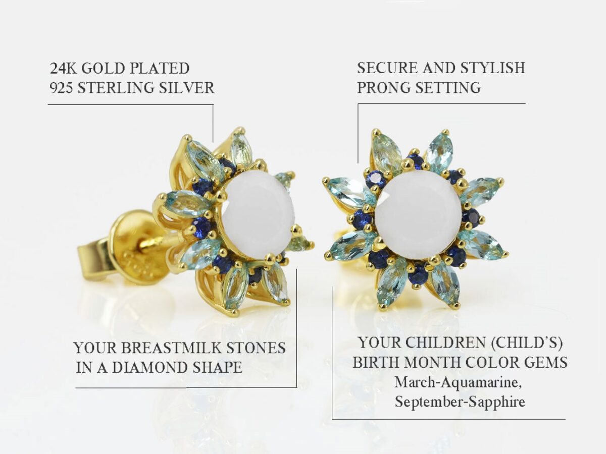breast milk jewelry gold studded star-shaped earrings with dark blue and aquamarine gems from KeepsakeMom