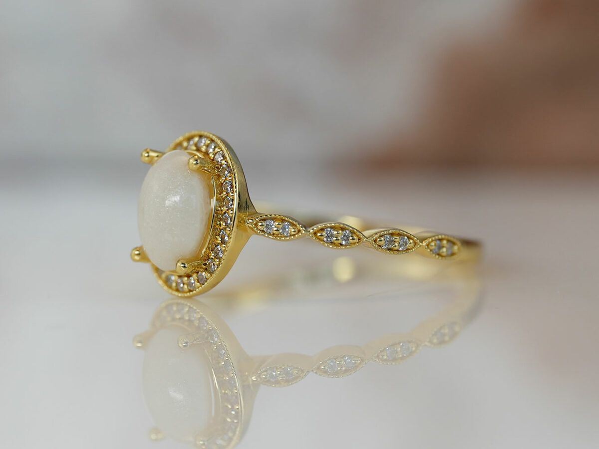 breastmilk jewelry oval stone fine band with crystals ring yellow gold KeepsakeMom side view