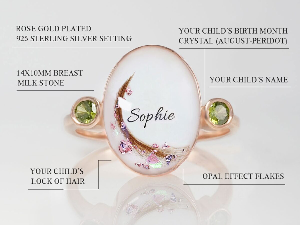 simple oval classic breastmilk sterling silver rose gold plated ring with hair, names, opal flakes in the milk stone with two peridot green crystals on the sides diagram describing features on white background from keepsakemom
