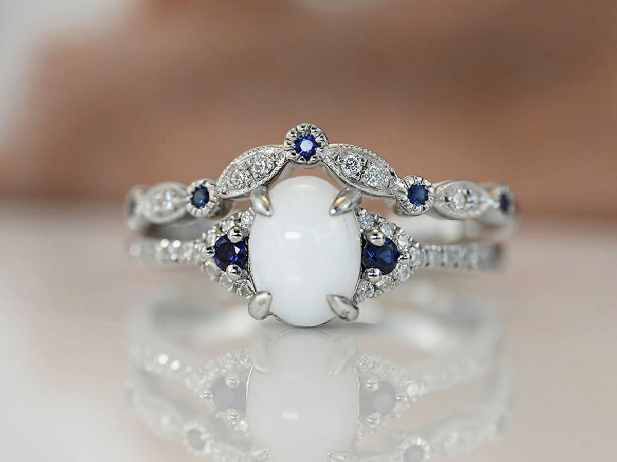 breastmilk jewelry fine ring set with birth month color gems and oval breastmilk stone KeepsakeMom white gold blue sapphire