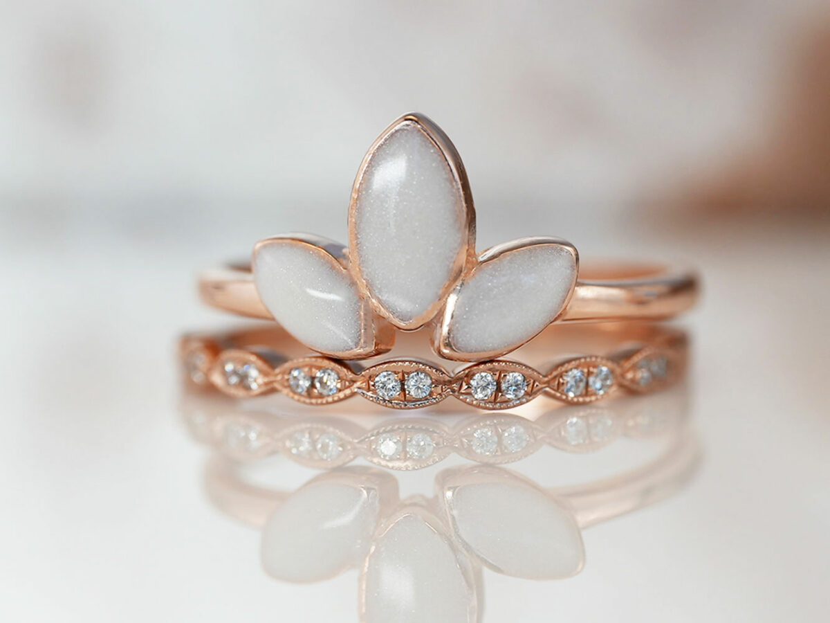 breastmilk jewelry ring leaves drops set of two rings lotus and bloom KeepsakeMom rose gold