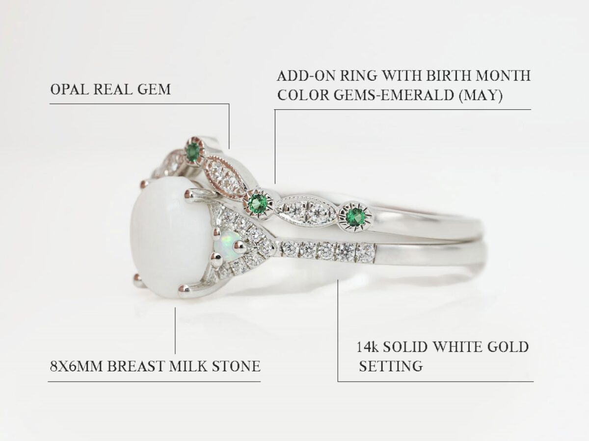 breastmilk sterling silver 2 ring set white gold plated side view with multi-colored crystals green and purple with diamond shaped stone diagram describing features on white background from keepsakemom