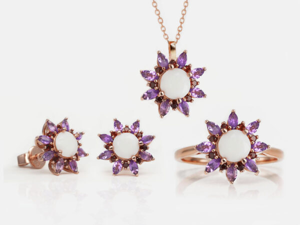 breastmilk jewelry set necklace earrings and ring star shaped gold plated with colored purple crystals from Keepsakemom