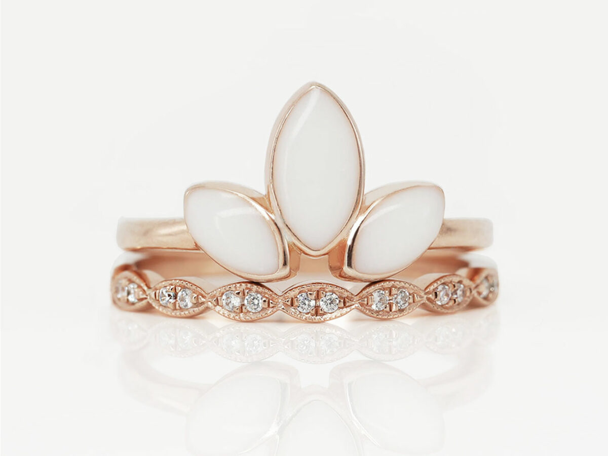 breastmilk jewelry ring leaves drops set of two rings lotus and bloom from KeepsakeMom rose gold