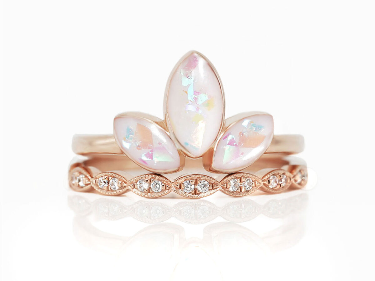 breastmilk jewelry ring leaves drops set of two rings lotus and bloom with opal flakes from KeepsakeMom rose gold