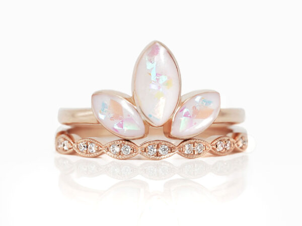 breastmilk jewelry ring leaves drops set of two rings lotus and bloom with opal flakes from KeepsakeMom rose gold