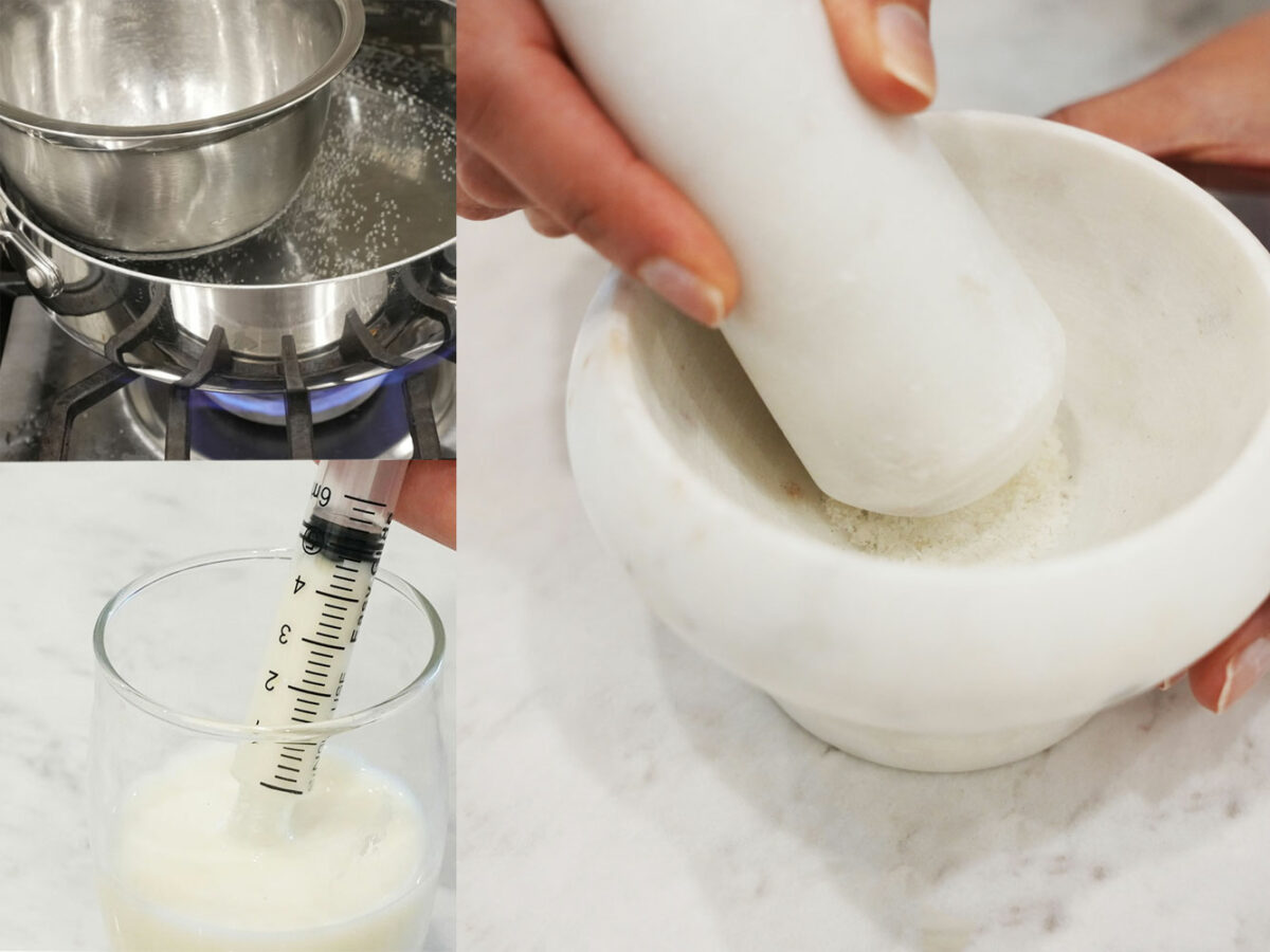 Graphic Showing Steps to Make Breastmilk Jewlery: Grinding with Mortar and Pestle, Syringe Taking in Breastmilk, and Double Boiler on Burner