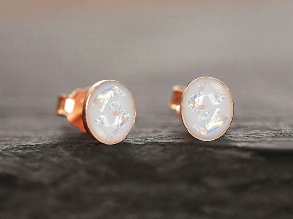 breastmilk oval studded earrings KeepsakeMom sterling silver plated rose gold with opal flakes