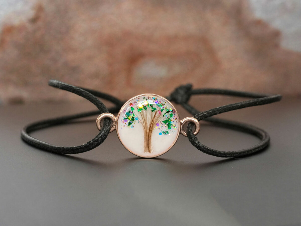 breastmilk jewelry tree of life bracelet with rosegold birth flakes hair inclusion keepsakemom