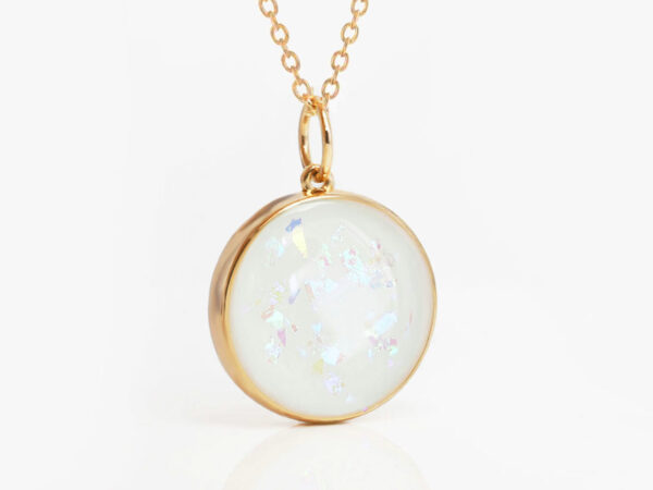 breastmilk jewelry round disc necklace with opal flakes for DIY kit from KeepsakeMom in yellow gold