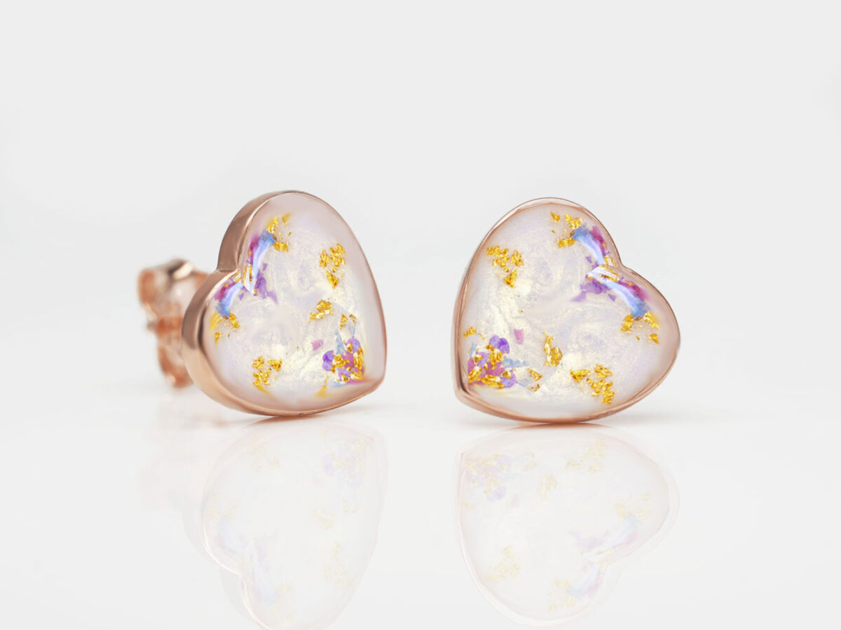 breast-milk-jewelry-earrings-pair-rose-gold-studs-hearts-flakes-purple-gold-keepsakemom