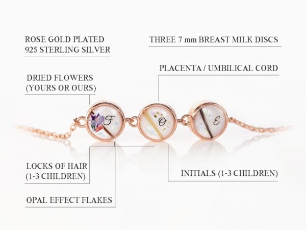 breast milk jewelry bracelet on a white background with initials, locks of hair and opal flakes and placenta specks on three tiny discs from KeepsakeMom made with rose gold