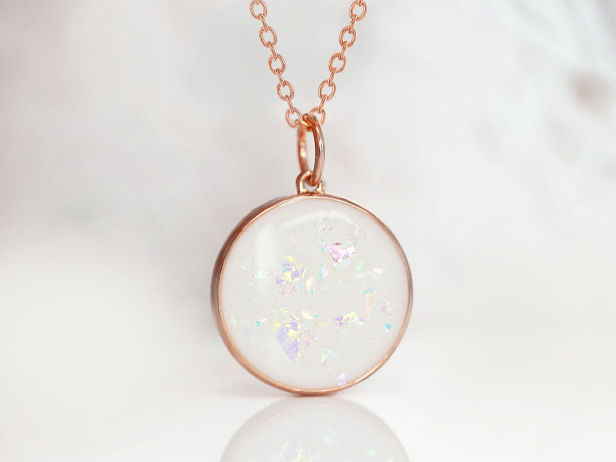 breastmilk jewelry round disc necklace with opal flakes for DIY kit from KeepsakeMom in rose gold