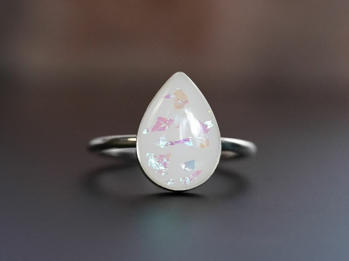 sterling silver teardrop ring, breast milk stone with opal flakes from KeepsakeMom