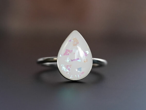 sterling silver teardrop ring, breast milk stone with opal flakes from KeepsakeMom