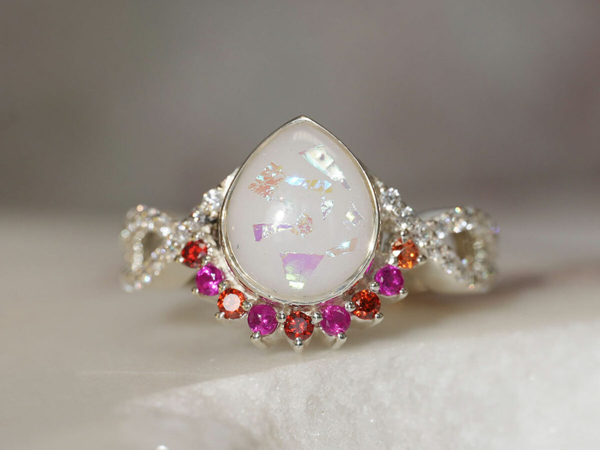 breastmilk jewelry ring crystals teardrop birth month color crystals teardrop from KeepsakeMom sterling silver white gold red pink crystals