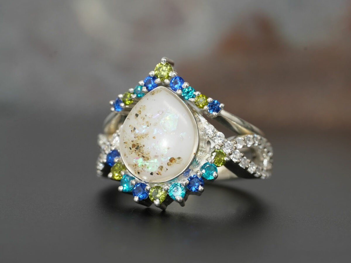 breastmilk jewelry ring crystals teardrop birth month color crystals teardrop from KeepsakeMom sterling silver white gold blue green crystals