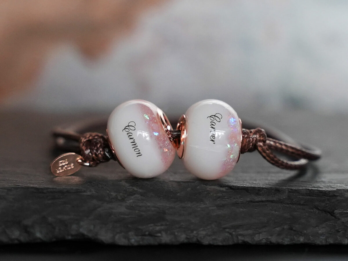 breastmilk jewelry bead bracelet with birth color childs name birth date rosegold keepsakemom